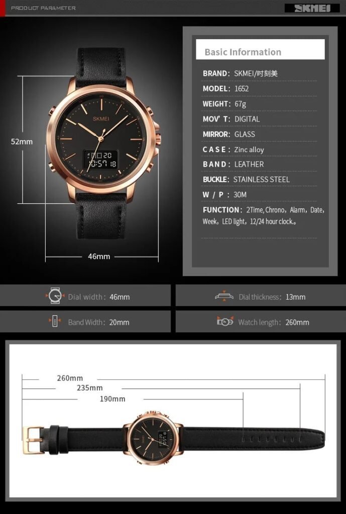 Skmei - 1652 - Leather Multifunctional Waterproof - Dials Watches