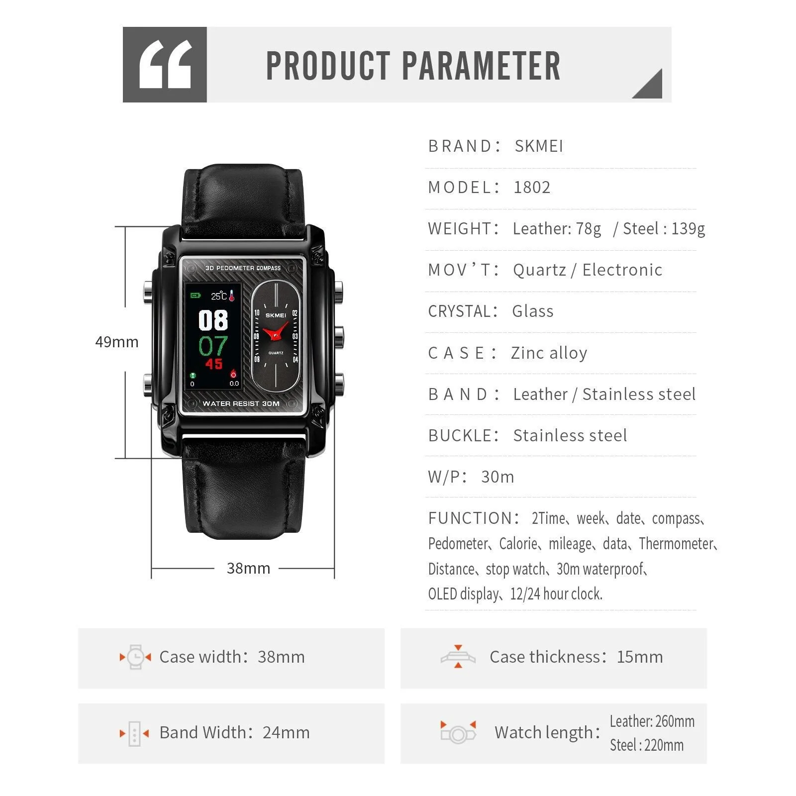 1868-5.webp Skmei - 1868 (strap) - Digital LED Luminous Waterproof - Silver-Leather - Image 4