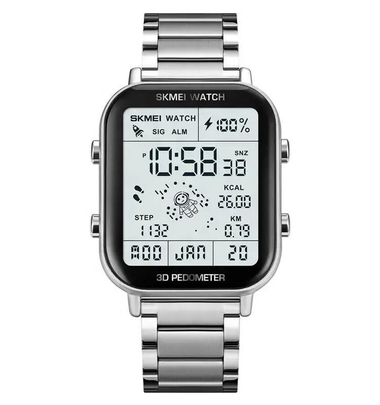 1888-4-1.jpeg Skmei - 1888 - Digital Dial Step Count Pedometer Stainless Steel Watch - Silver - Image 1