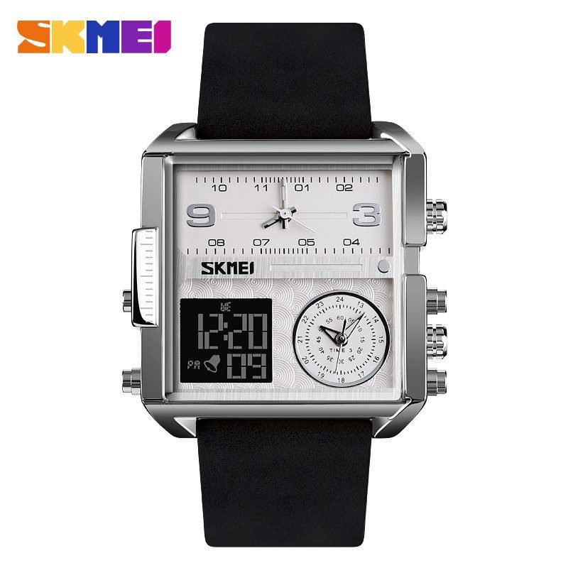 1584-1.jpg Skmei - 1584(strap) - Sports Quartz Waterproof Tiple time - Silver/Black-Leather - Image 1