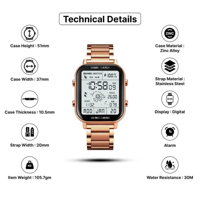 Skmei - 1888 - Step Count Pedometer Digital Dial Stainless Steel Strap Watch for Men - Rosegold - Image 6