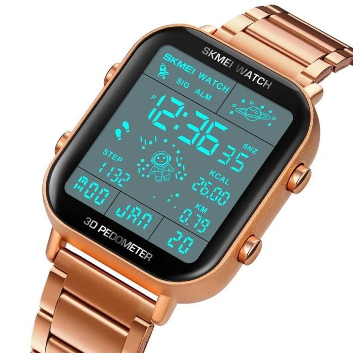 Skmei - 1888 - Step Count Pedometer Digital Dial Stainless Steel Strap Watch for Men - Rosegold - Image 3