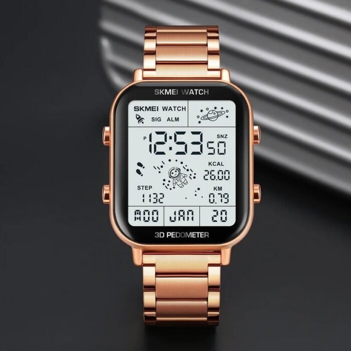 Skmei - 1888 - Step Count Pedometer Digital Dial Stainless Steel Strap Watch for Men - Rosegold - Image 1