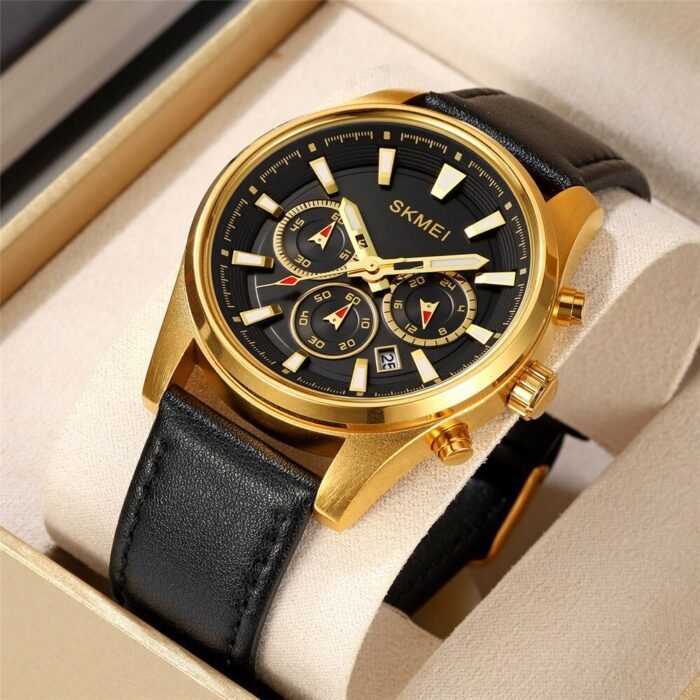 SKMEI - 1989 - Chronograph High Quality Leather Watch - Gold/Black - Image 8