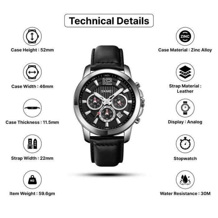 SKMEI - 1989 - Chronograph High Quality Leather Watch - Silver/Black - Image 2
