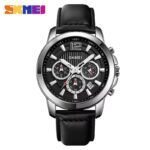 SKMEI - 1989 - Chronograph High Quality Leather Watch - Silver/Black