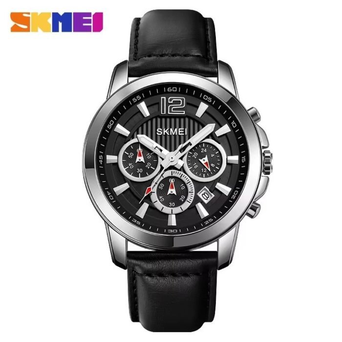 SKMEI - 1989 - Chronograph High Quality Leather Watch - Silver/Black - Image 1