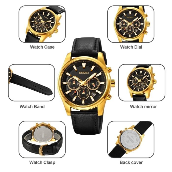 SKMEI - 1989 - Chronograph High Quality Leather Watch - Gold/Black - Image 6