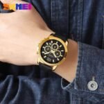 SKMEI - 1989 - Chronograph High Quality Leather Watch - Gold/Black - Image 5