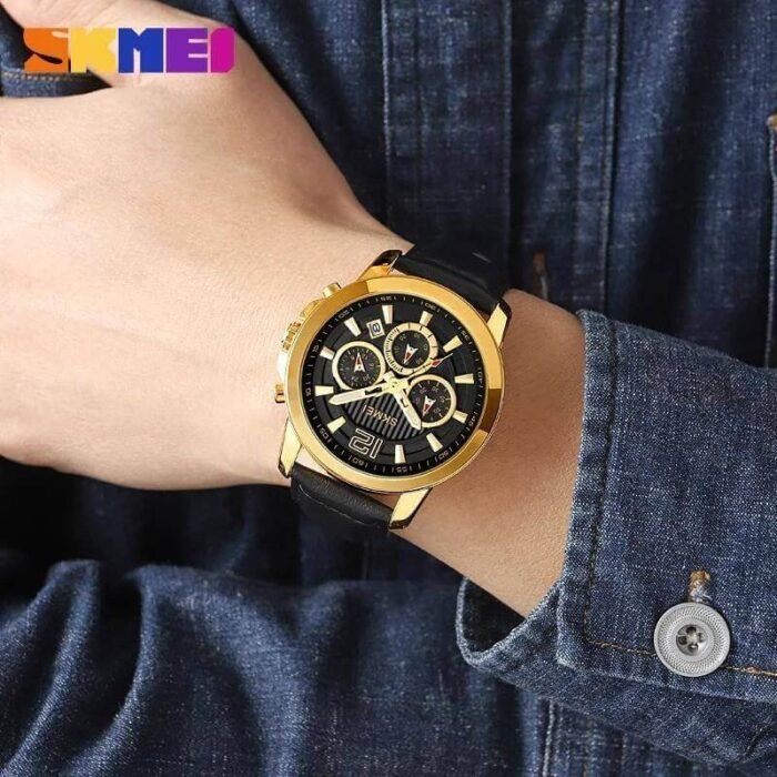 SKMEI - 1989 - Chronograph High Quality Leather Watch - Gold/Black - Image 5