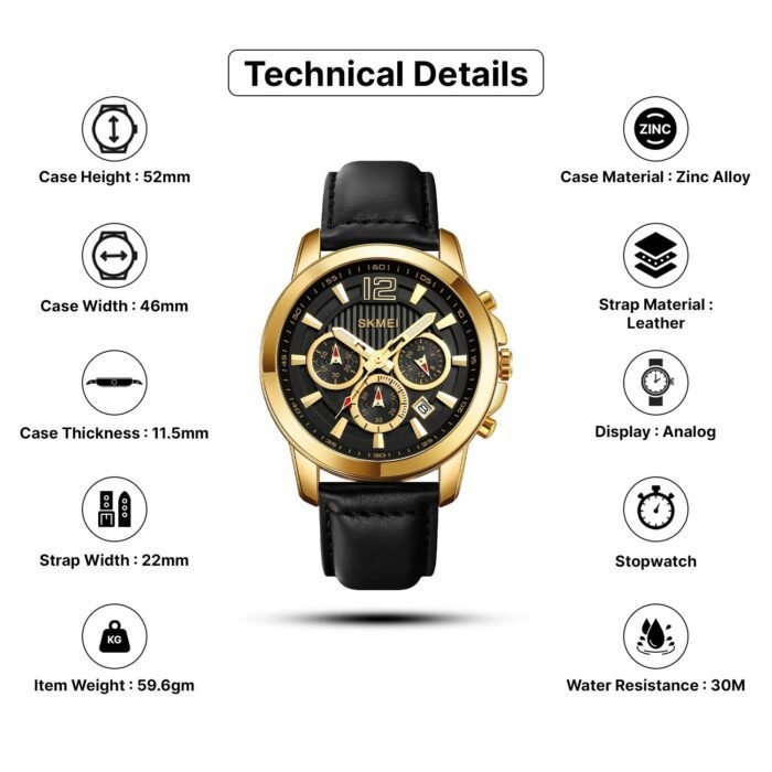 SKMEI - 1989 - Chronograph High Quality Leather Watch - Gold/Black - Image 4