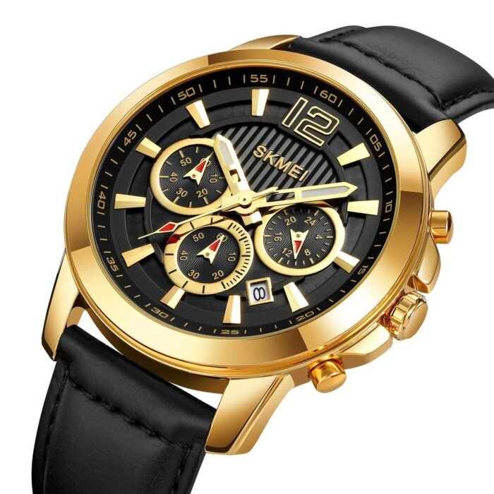 SKMEI - 1989 - Chronograph High Quality Leather Watch - Gold/Black - Image 2