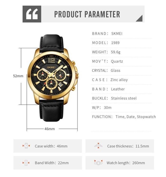 SKMEI - 1989 - Chronograph High Quality Leather Watch - Gold/Black - Image 7
