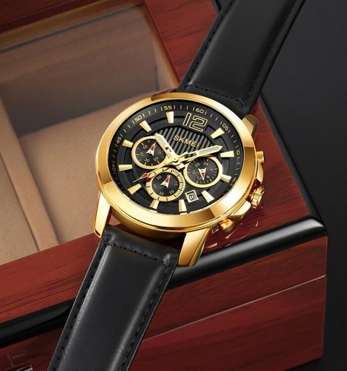 SKMEI - 1989 - Chronograph High Quality Leather Watch - Gold/Black - Image 1
