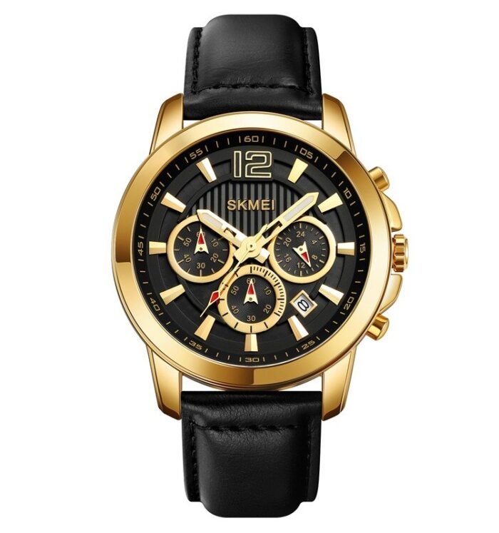 SKMEI - 1989 - Chronograph High Quality Leather Watch - Gold/Black - Image 3