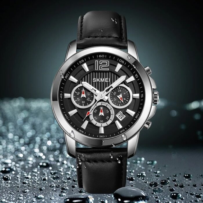 SKMEI - 1989 - Chronograph High Quality Leather Watch - Silver/Black - Image 6