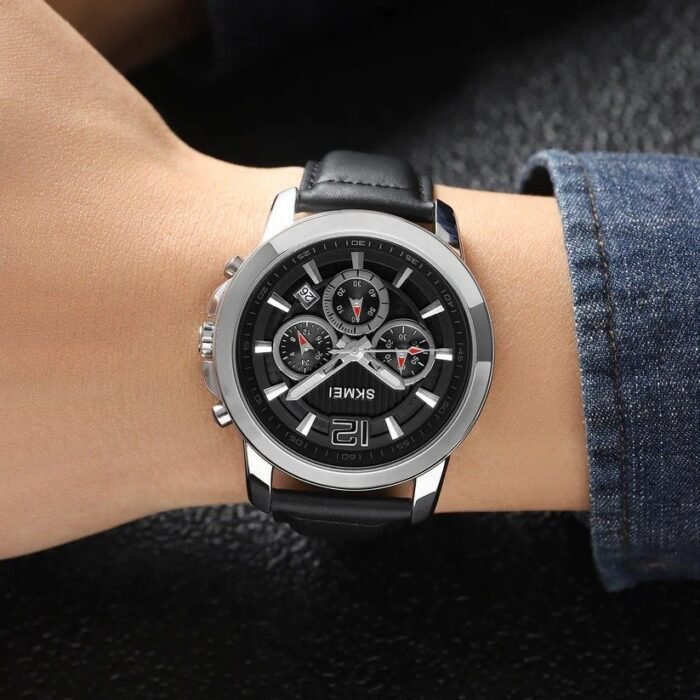 SKMEI - 1989 - Chronograph High Quality Leather Watch - Silver/Black - Image 4