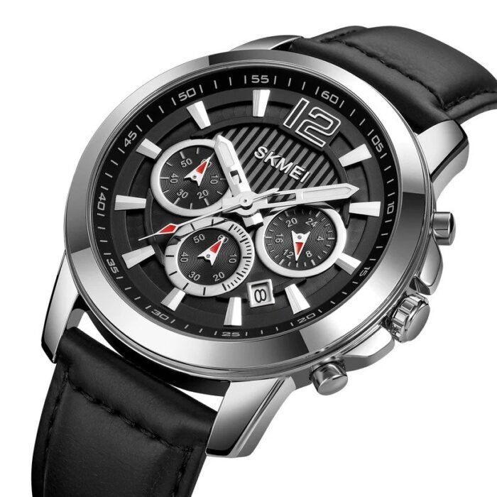 SKMEI - 1989 - Chronograph High Quality Leather Watch - Silver/Black - Image 3