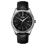 Skmei - 9298 - Leather Strap Analog Quartz Watch - Silver/Black-Black - Image 4