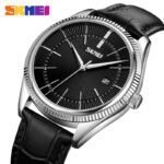 Skmei - 9298 - Leather Strap Analog Quartz Watch - Silver/Black-Black
