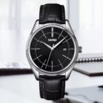 Skmei - 9298 - Leather Strap Analog Quartz Watch - Silver/Black-Black - Image 2