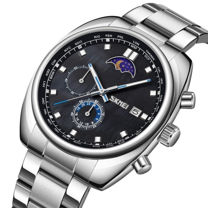 SKMEI - 9325 - Quartz Luxury Moon Phase Chrono Watch - Silver/Black - Image 1