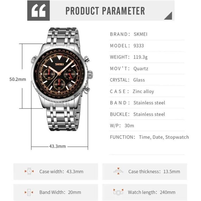 SKMEI - 9333 - High Quality Luxury Watch - Silver/Black - Image 5