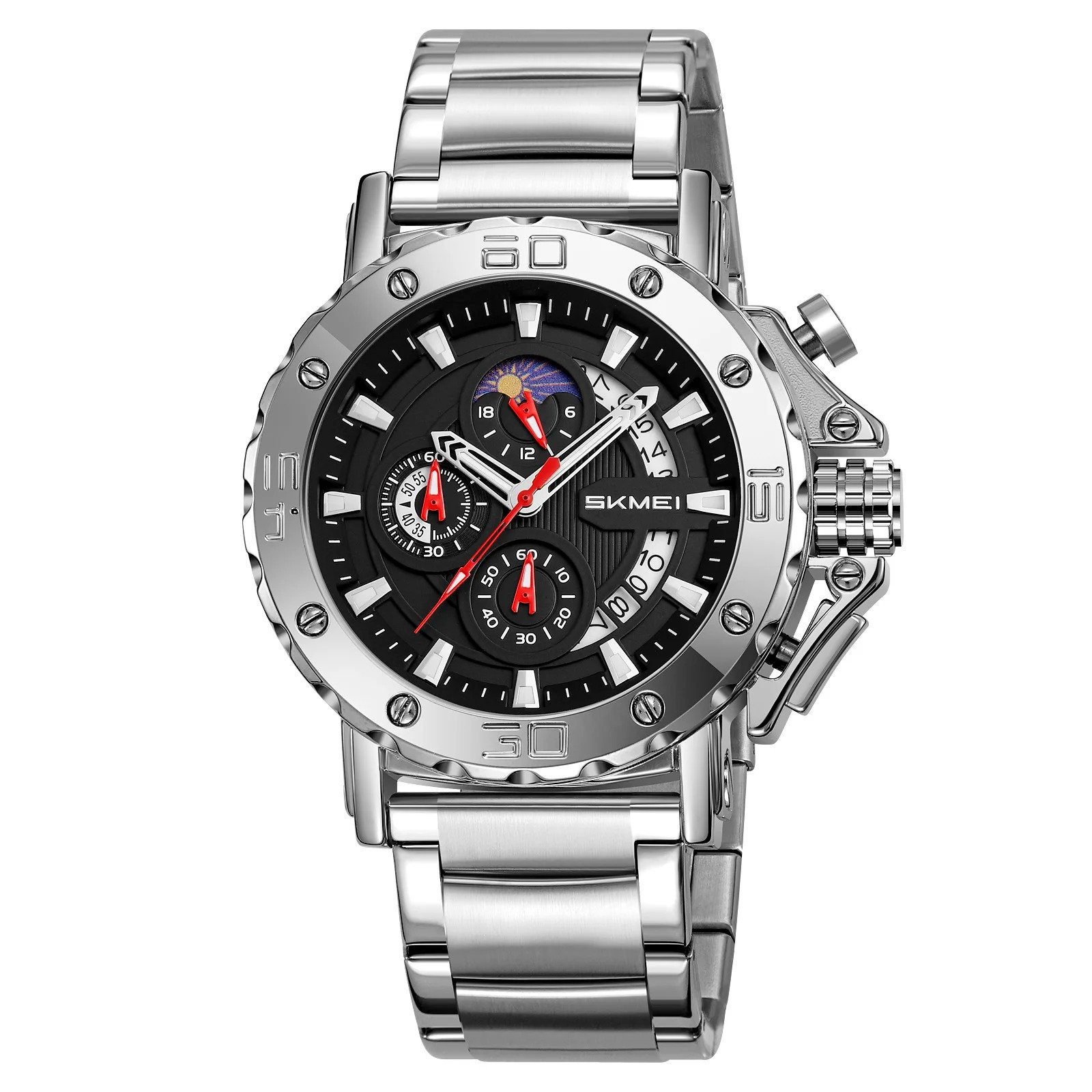 9344-4.jpeg SKMEI - 9344 - Multifunctional Calendar Chronograph Sports Quartz Watch - Silver/Black - Image 1