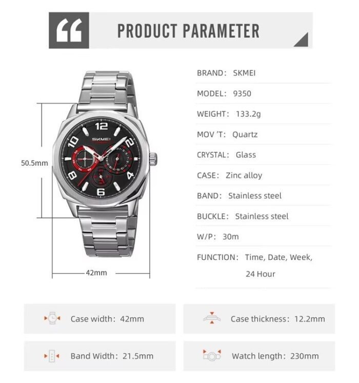 SKMEI - 9350 - 3ATM Waterproof Men Business Watch - Silver/Black - Image 4