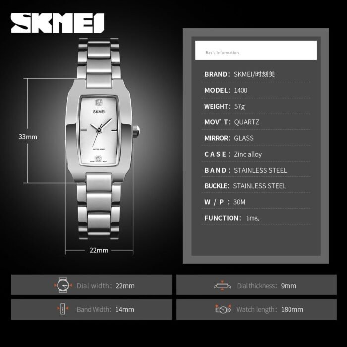 SKMEI - 1400 - Women Stainless Steel Rectangle Dial Elegant Watch - silver - Image 6