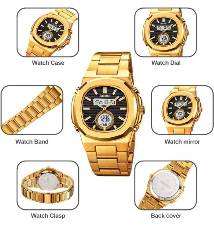 Skmei - 2279 - Dual Time Stainless Steel Digital Watch - gold/black - Image 3