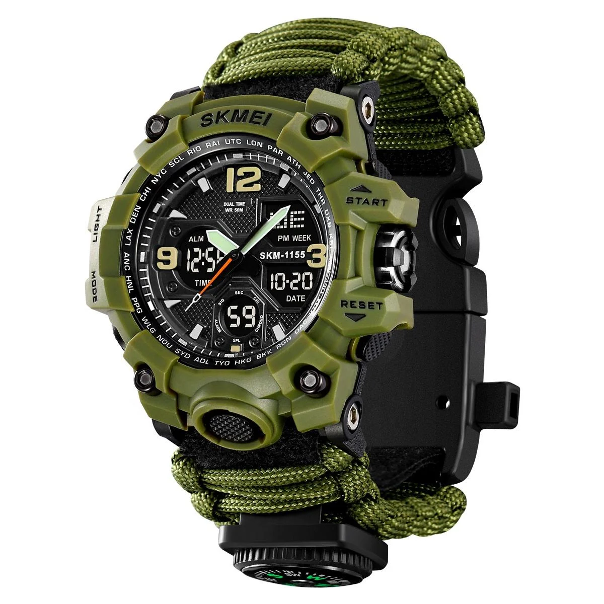 1155b-1.webp SKMEI - 1155B - Digital Sports Dual Time Watch - army green umbrella rope strap - Image 1