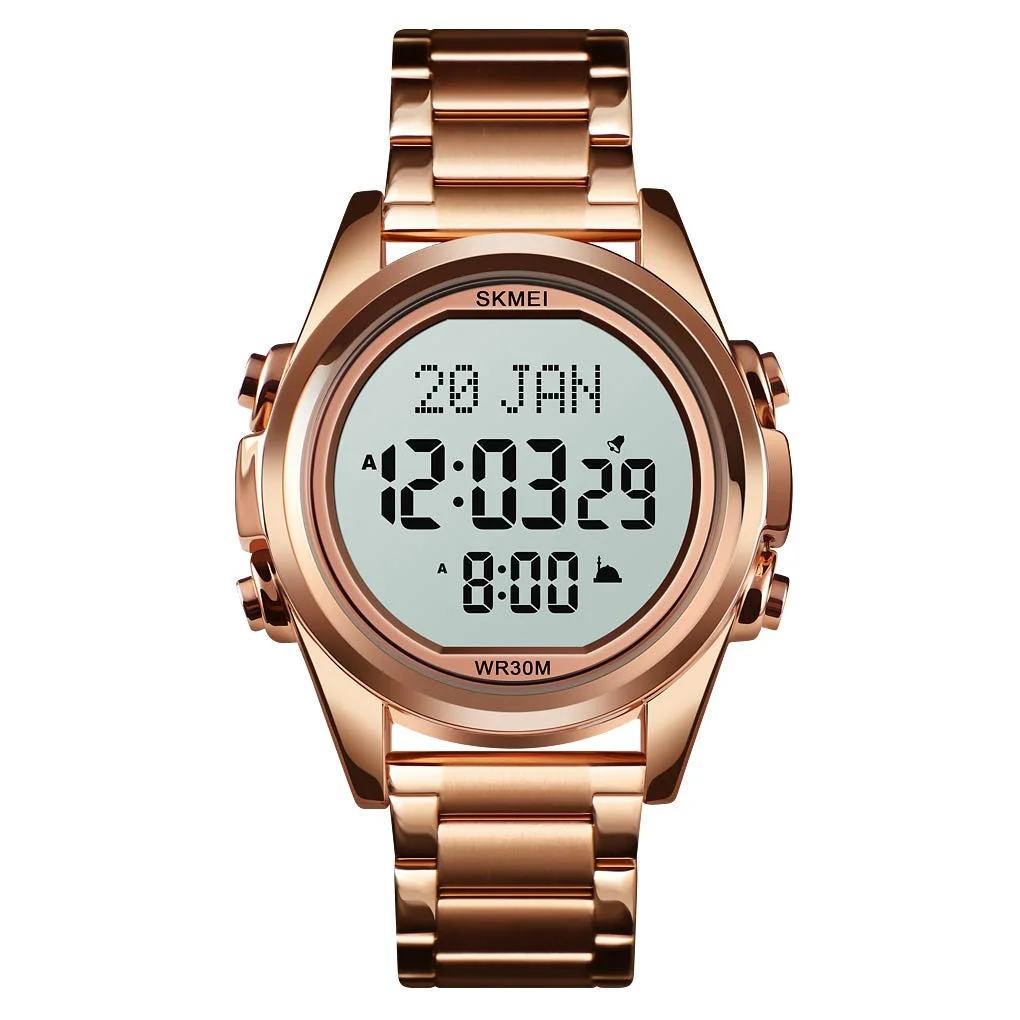 1667-14.webp SKMEI - 1667 - Qibla Azan Time Reminder Prayer Watch - Rose gold/white - Image 1