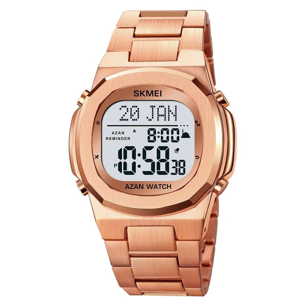 2036-5.webp SKMEI - 2036 - Qibla Azan Time Reminder Prayer Watch - Rosegold/white - Image 1