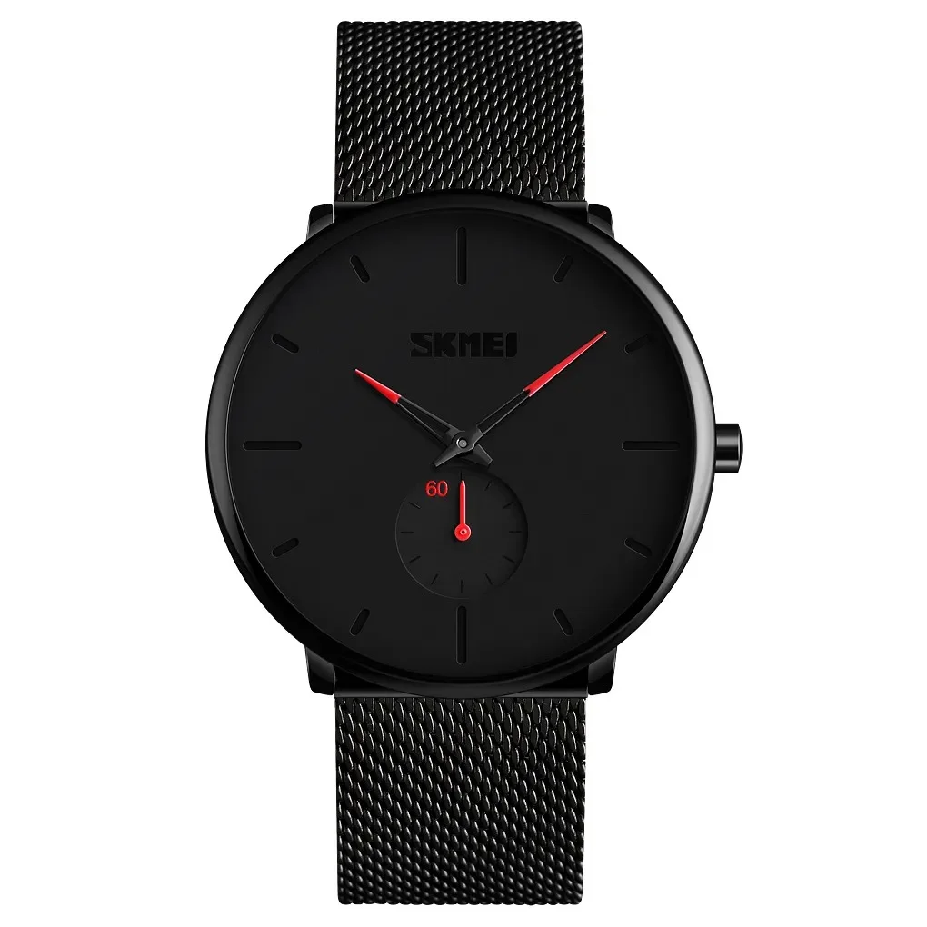 9185-10.webp SKMEI - 9185 - Ultra Minimal Black Mesh Wristwatch - red - Image 1