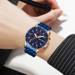 SKMEI - 9334 - Quartz Chronograph Analog Dial Stainless Steel Watch - rose gold/blue - Image 3